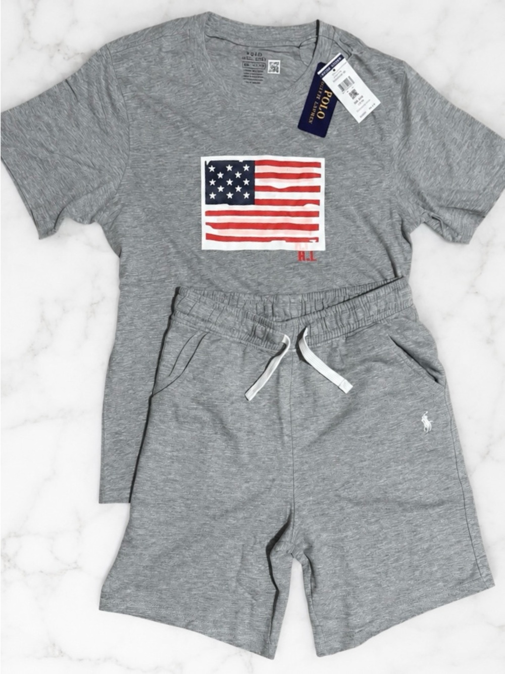 Ralph Lauren Gray Tee & Shorts Set with American Flag Graphic